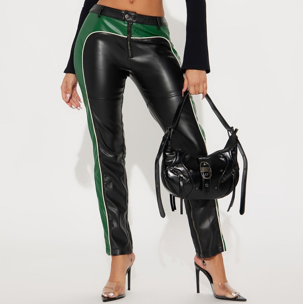 NEW! Black and Green Skinny Motorcycle Faux Leather Pants 6-8